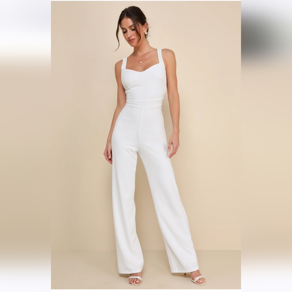 Lulu's Love Aglow White Pearl Beaded Sleeveless Straight Leg Jumpsuit Size Mediu